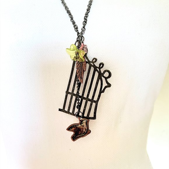 Vintage Bird Cage Pull Over Pendant Necklace Oxidized Twisted Curb Chain - Picture 2 of 6